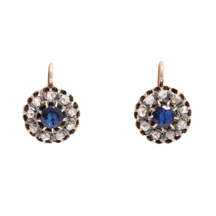 Antique Earrings Victorian Sapphire and Rose Cut Diamond 18K Gold Cluster Earrings