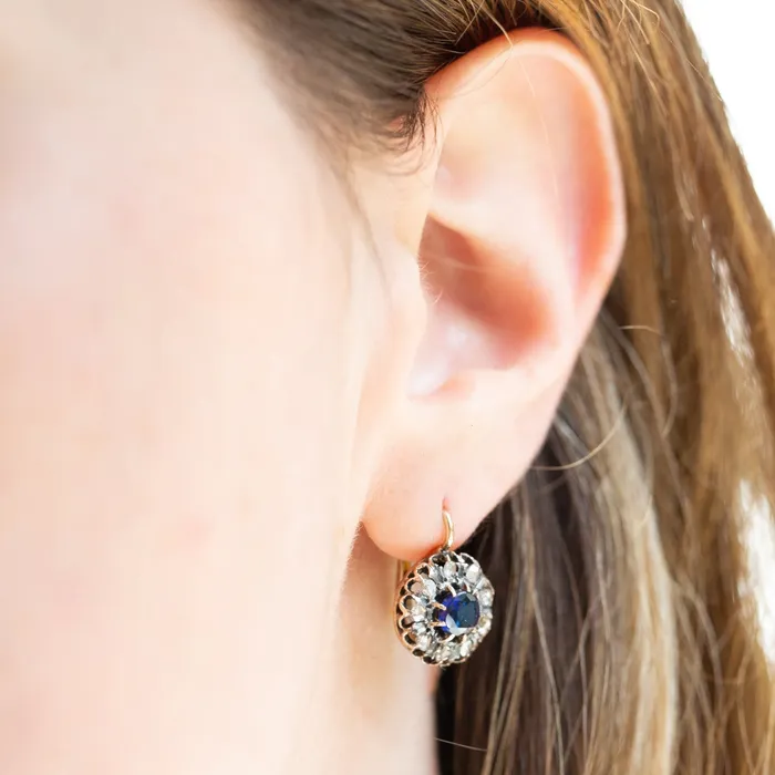 Antique Earrings Victorian Sapphire and Rose Cut Diamond 18K Gold Cluster Earrings