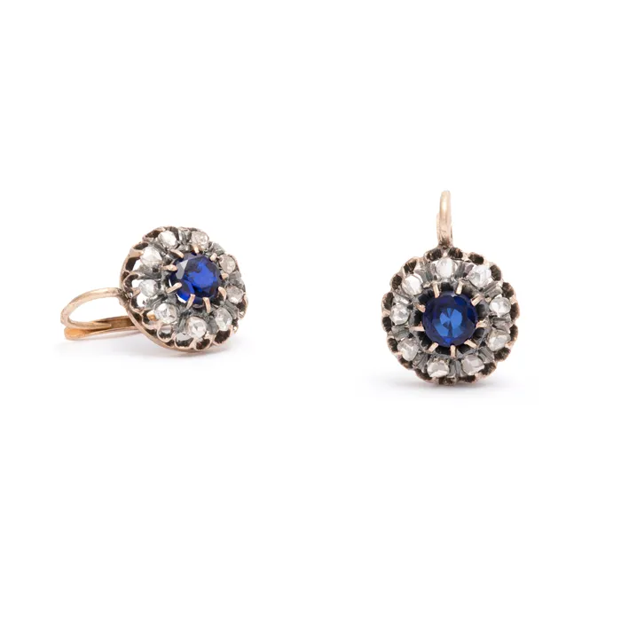 Antique Earrings Victorian Sapphire and Rose Cut Diamond 18K Gold Cluster Earrings