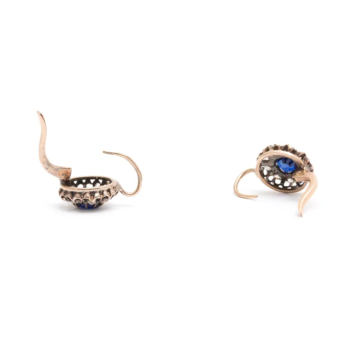 Antique Earrings Victorian Sapphire and Rose Cut Diamond 18K Gold Cluster Earrings