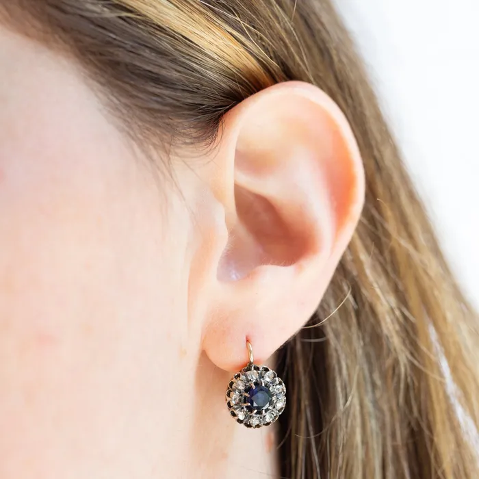 Antique Earrings Victorian Sapphire and Rose Cut Diamond 18K Gold Cluster Earrings