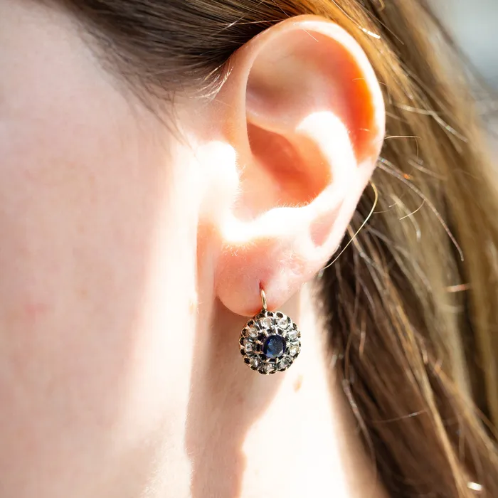 Antique Earrings Victorian Sapphire and Rose Cut Diamond 18K Gold Cluster Earrings