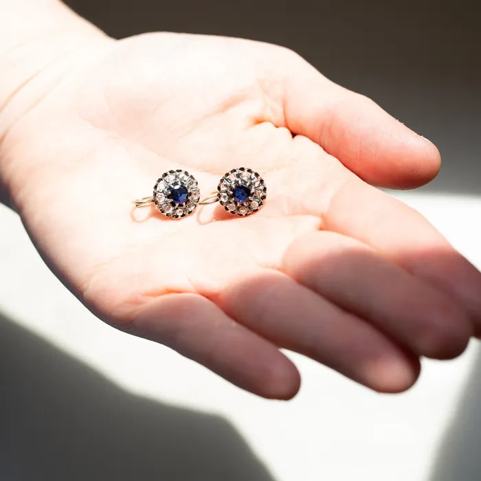 Antique Earrings Victorian Sapphire and Rose Cut Diamond 18K Gold Cluster Earrings