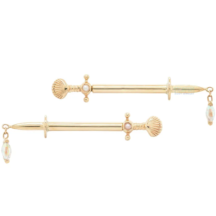 Earrings Body Vision BVLA Sirens Kiss Forward Facing Nipple Barbells in Gold with Pearl Mercury Mist Topaz