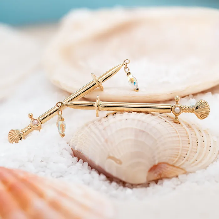 Earrings Body Vision BVLA Sirens Kiss Forward Facing Nipple Barbells in Gold with Pearl Mercury Mist Topaz
