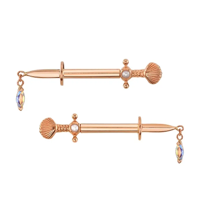 Earrings Body Vision BVLA Sirens Kiss Forward Facing Nipple Barbells in Gold with Pearl Mercury Mist Topaz