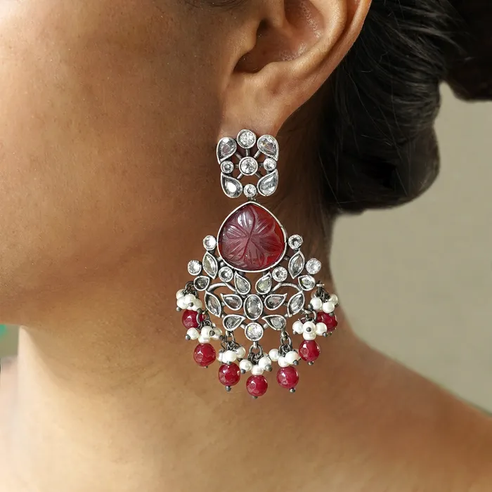 Earrings Teejh Teejh Anaika Silver Oxidised Red Stone Earrings
