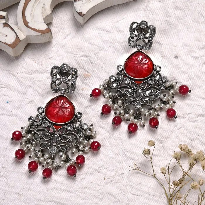 Earrings Teejh Teejh Anaika Silver Oxidised Red Stone Earrings Earrings Teejh Teejh Anaika Silver Oxidised Red Stone Earrings