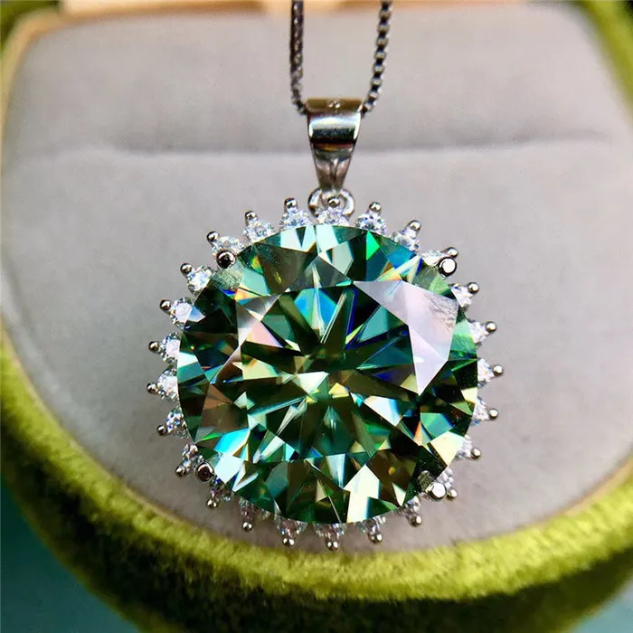 Leyloon Jewelry Necklaces 15 Carat Blue Green Round Cut Sunflower burst Certified VVS Moissanite Necklace