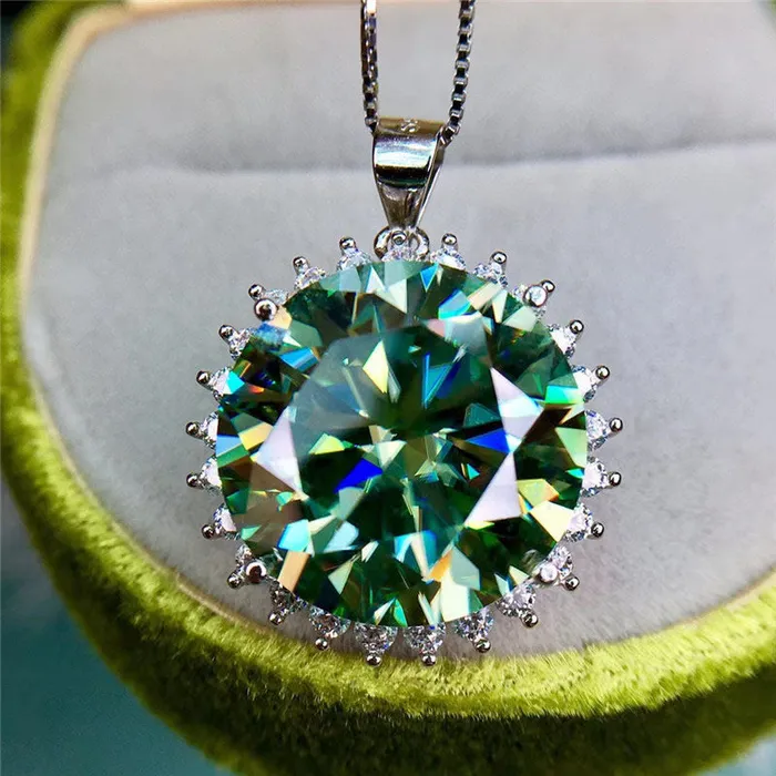 Leyloon Jewelry Necklaces 15 Carat Blue Green Round Cut Sunflower burst Certified VVS Moissanite Necklace