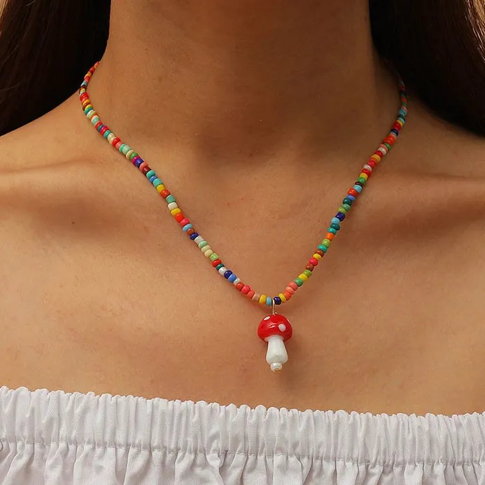 01 Necklaces N1343 Multi Color Seed Bead with Mushroom Necklace with FREE Earrings 01 Necklaces N1343 Multi Color Seed Bead with Mushroom Necklace with FREE Earrings