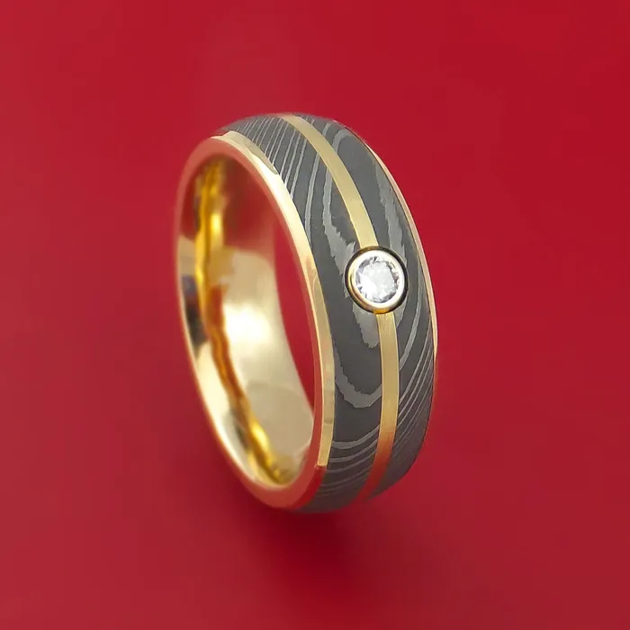 14K Yellow Gold Ring with Damascus Steel and Diamond Custom Made Band Lashbrook Rings 14K Yellow Gold Ring with Damascus Steel and Diamond Custom Made Band Lashbrook Rings