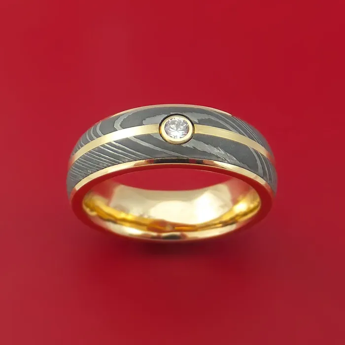 14K Yellow Gold Ring with Damascus Steel and Diamond Custom Made Band Lashbrook Rings