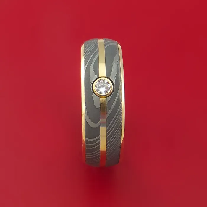 14K Yellow Gold Ring with Damascus Steel and Diamond Custom Made Band Lashbrook Rings