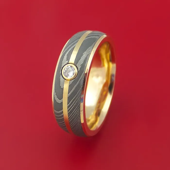 14K Yellow Gold Ring with Damascus Steel and Diamond Custom Made Band Lashbrook Rings