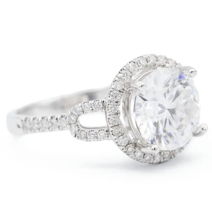 9mm Round Center 14K White Gold Diamond Halo Basket Ring Fire Brilliance Rings