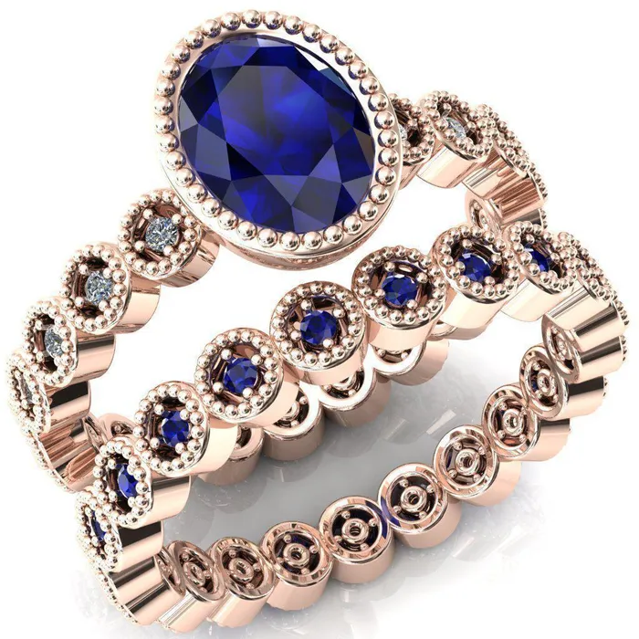 Borea Oval Blue Sapphire Full Bezel Milgrain Diamond Accent Full Eternity Ring Fire Brilliance Rings