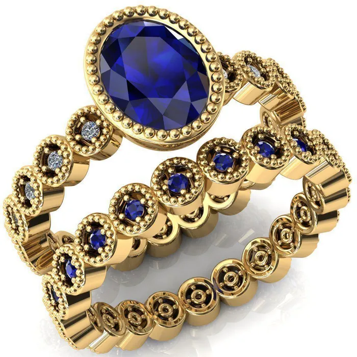 Borea Oval Blue Sapphire Full Bezel Milgrain Diamond Accent Full Eternity Ring Fire Brilliance Rings