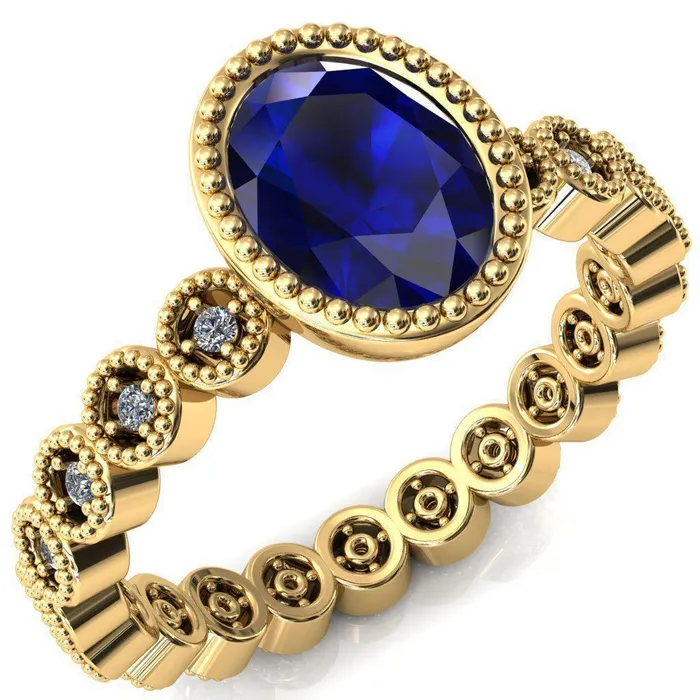 Borea Oval Blue Sapphire Full Bezel Milgrain Diamond Accent Full Eternity Ring Fire Brilliance Rings