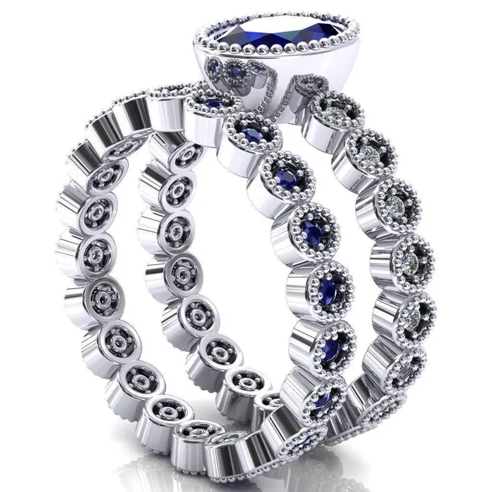 Borea Oval Blue Sapphire Full Bezel Milgrain Diamond Accent Full Eternity Ring Fire Brilliance Rings