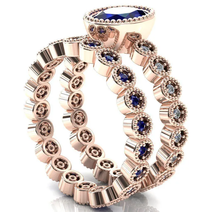 Borea Oval Blue Sapphire Full Bezel Milgrain Diamond Accent Full Eternity Ring Fire Brilliance Rings