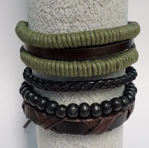 Bracelets polly B908 Green Cord and Brown Leather Bracelet Set