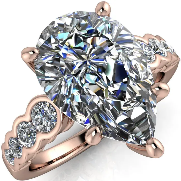 Calypso Pear Center Stone 5 Prong Shared Bezel Shank Engagement Ring Fire Brilliance Rings