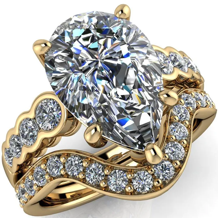 Calypso Pear Center Stone 5 Prong Shared Bezel Shank Engagement Ring Fire Brilliance Rings