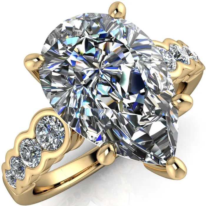 Calypso Pear Center Stone 5 Prong Shared Bezel Shank Engagement Ring Fire Brilliance Rings