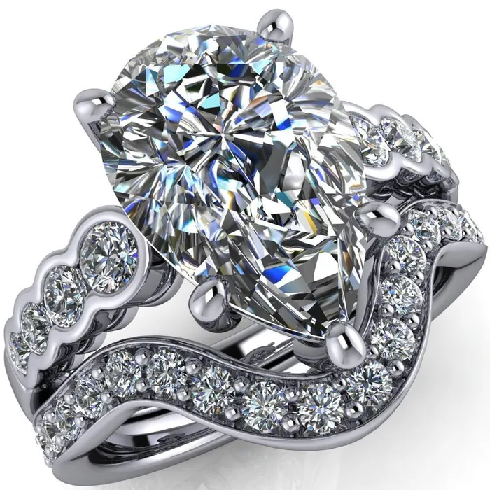 Calypso Pear Center Stone 5 Prong Shared Bezel Shank Engagement Ring Fire Brilliance Rings