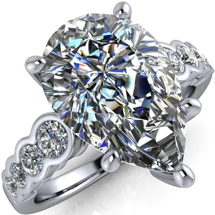 Calypso Pear Center Stone 5 Prong Shared Bezel Shank Engagement Ring Fire Brilliance Rings