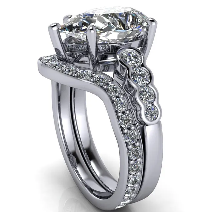 Calypso Pear Center Stone 5 Prong Shared Bezel Shank Engagement Ring Fire Brilliance Rings