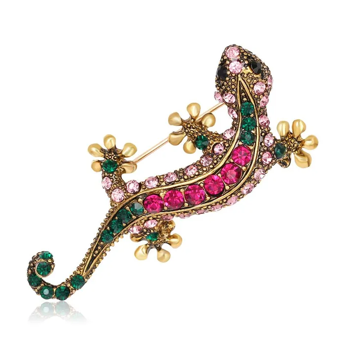 Earrings F106 Gold Lizard Pink Gemstones Fashion Pin 01
