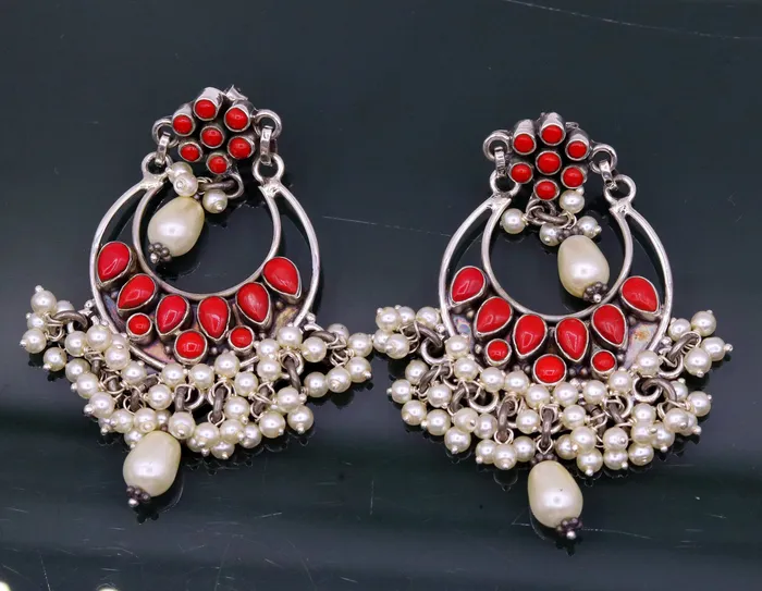 Earrings TRIBAL ORNAMENTS 925 sterling silver handmade coral stone stud earring drop dangler best design chandbala charm earrings hanging tiny pearl jewelry s711 Earrings TRIBAL ORNAMENTS 925 sterling silver handmade coral stone stud earring drop dangler best design chandbala charm earrings hanging tiny pearl jewelry s711