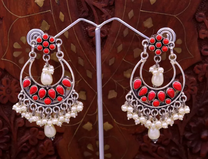 Earrings TRIBAL ORNAMENTS 925 sterling silver handmade coral stone stud earring drop dangler best design chandbala charm earrings hanging tiny pearl jewelry s711