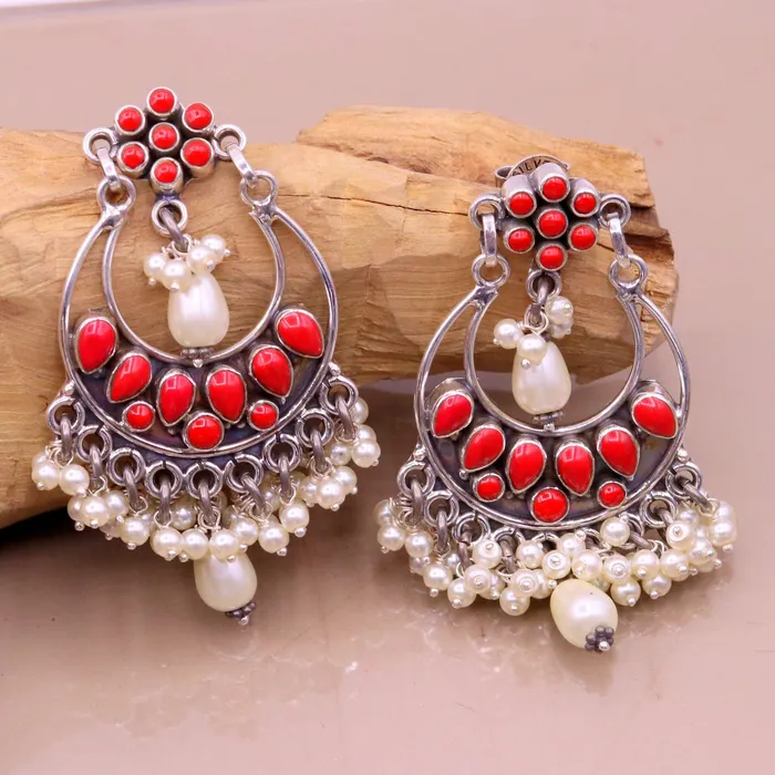 Earrings TRIBAL ORNAMENTS 925 sterling silver handmade coral stone stud earring drop dangler best design chandbala charm earrings hanging tiny pearl jewelry s711