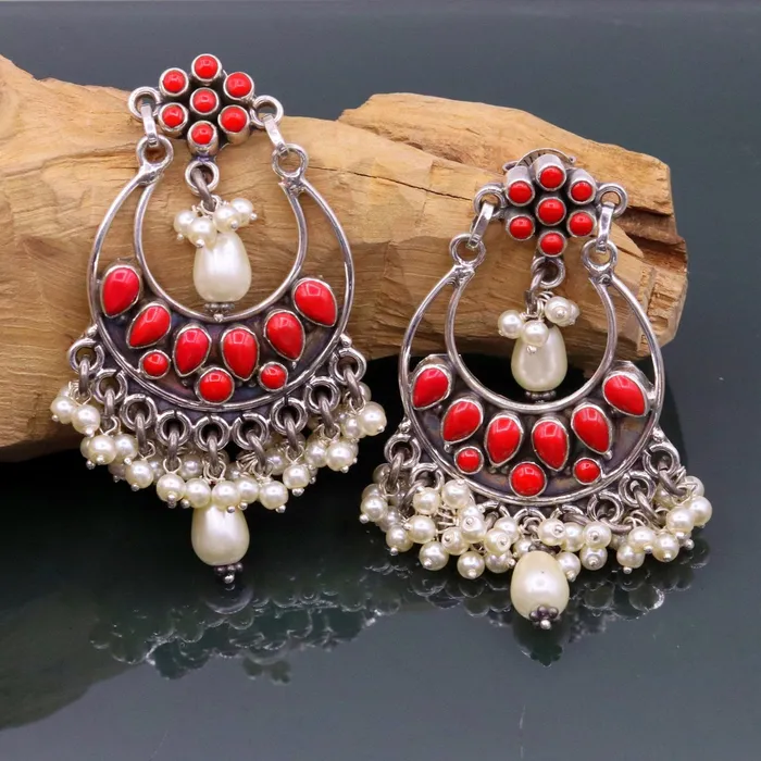 Earrings TRIBAL ORNAMENTS 925 sterling silver handmade coral stone stud earring drop dangler best design chandbala charm earrings hanging tiny pearl jewelry s711