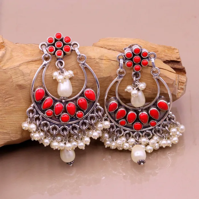 Earrings TRIBAL ORNAMENTS 925 sterling silver handmade coral stone stud earring drop dangler best design chandbala charm earrings hanging tiny pearl jewelry s711