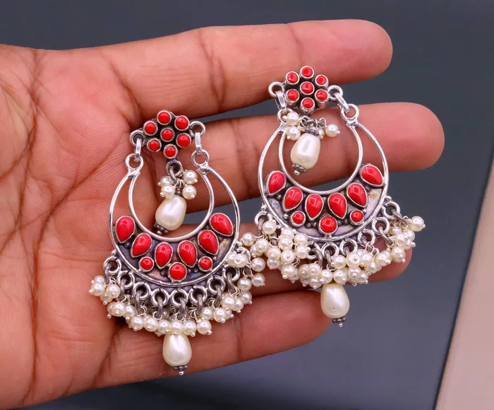 Earrings TRIBAL ORNAMENTS 925 sterling silver handmade coral stone stud earring drop dangler best design chandbala charm earrings hanging tiny pearl jewelry s711