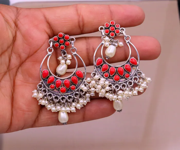 Earrings TRIBAL ORNAMENTS 925 sterling silver handmade coral stone stud earring drop dangler best design chandbala charm earrings hanging tiny pearl jewelry s711