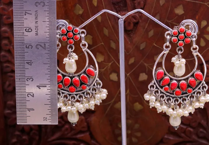 Earrings TRIBAL ORNAMENTS 925 sterling silver handmade coral stone stud earring drop dangler best design chandbala charm earrings hanging tiny pearl jewelry s711