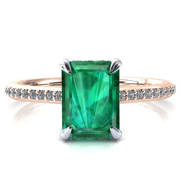 Fire Brilliance Rings Kiki Emerald Emerald 4 Prongs Claw Floating Halo 12 Pinpoint Inverted Cathedral Ring
