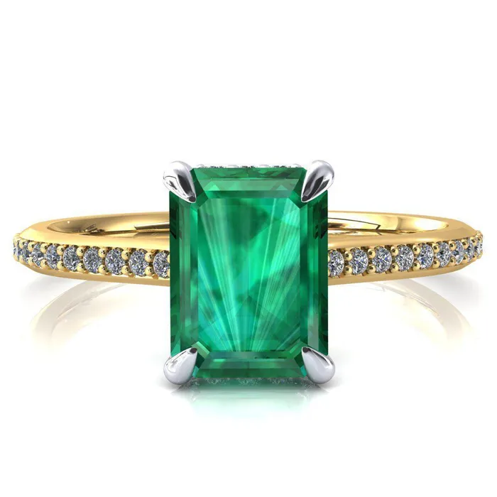 Fire Brilliance Rings Kiki Emerald Emerald 4 Prongs Claw Floating Halo 12 Pinpoint Inverted Cathedral Ring