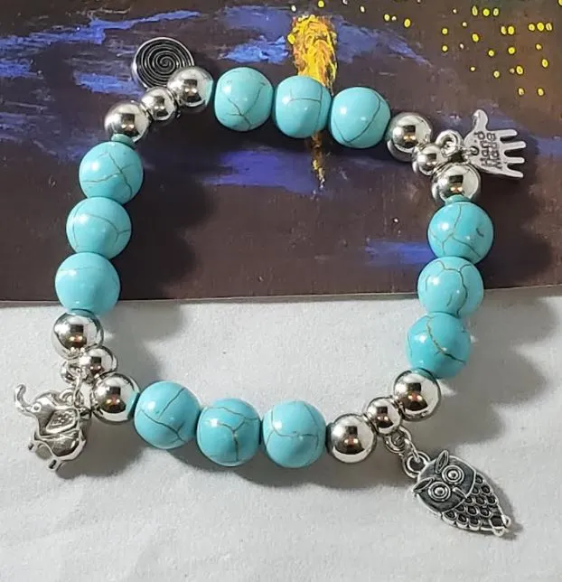 polly Bracelets B1136 Turquoise Crackle Stone Elephant Owl Swirl Bracelet