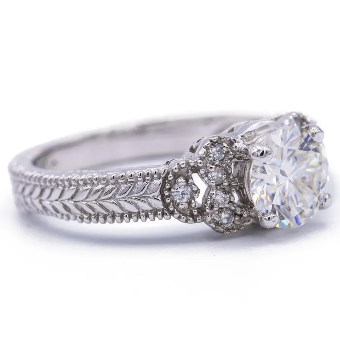 Rings Fire Brilliance 75mm Round Center and Diamond Filigree Milgrain 18K White Gold Ring Rings Fire Brilliance 75mm Round Center and Diamond Filigree Milgrain 18K White Gold Ring