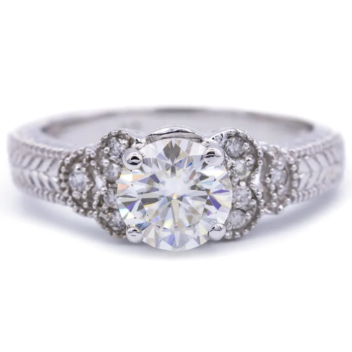 Rings Fire Brilliance 75mm Round Center and Diamond Filigree Milgrain 18K White Gold Ring