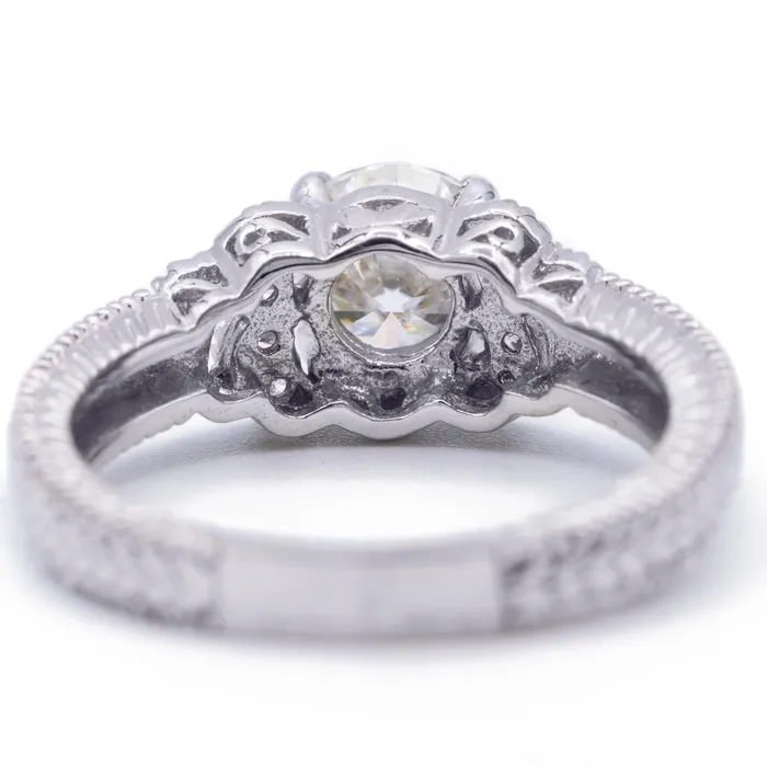 Rings Fire Brilliance 75mm Round Center and Diamond Filigree Milgrain 18K White Gold Ring