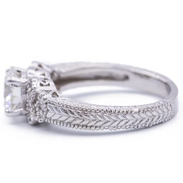 Rings Fire Brilliance 75mm Round Center and Diamond Filigree Milgrain 18K White Gold Ring