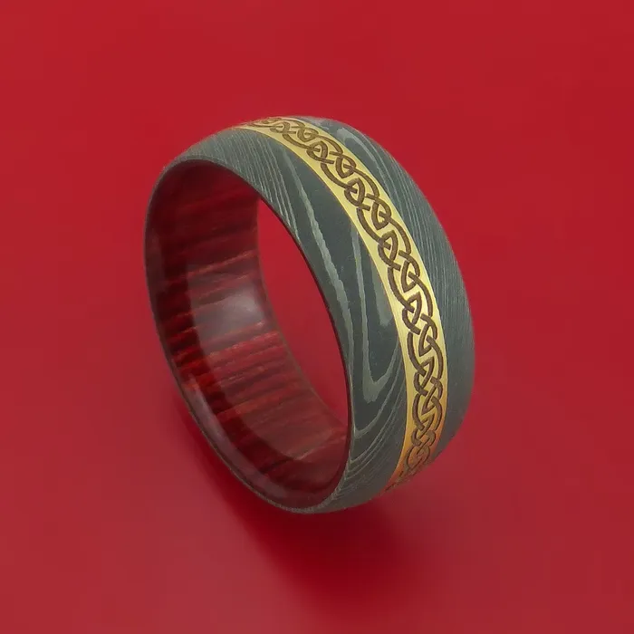 Rings Lashbrook Damascus Steel Ring with 14k Yellow Gold and Infinity Knot Etched Celtic Design Inlays and Interior Hardwood Sleeve Custom Made Band Rings Lashbrook Damascus Steel Ring with 14k Yellow Gold and Infinity Knot Etched Celtic Design Inlays and Interior Hardwood Sleeve Custom Made Band