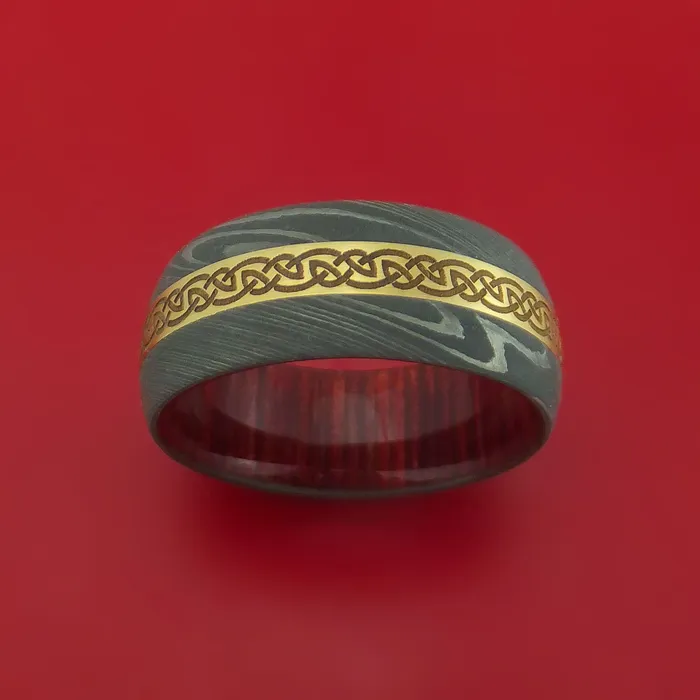 Rings Lashbrook Damascus Steel Ring with 14k Yellow Gold and Infinity Knot Etched Celtic Design Inlays and Interior Hardwood Sleeve Custom Made Band Rings Lashbrook Damascus Steel Ring with 14k Yellow Gold and Infinity Knot Etched Celtic Design Inlays and Interior Hardwood Sleeve Custom Made Band